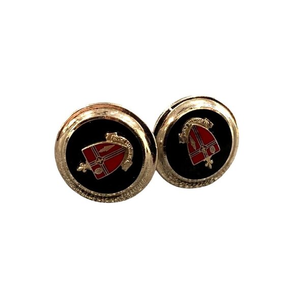 Vtg Silvertone, Black & Red Round Cufflinks With Center Shield Design-Exquisite - Picture 1 of 3